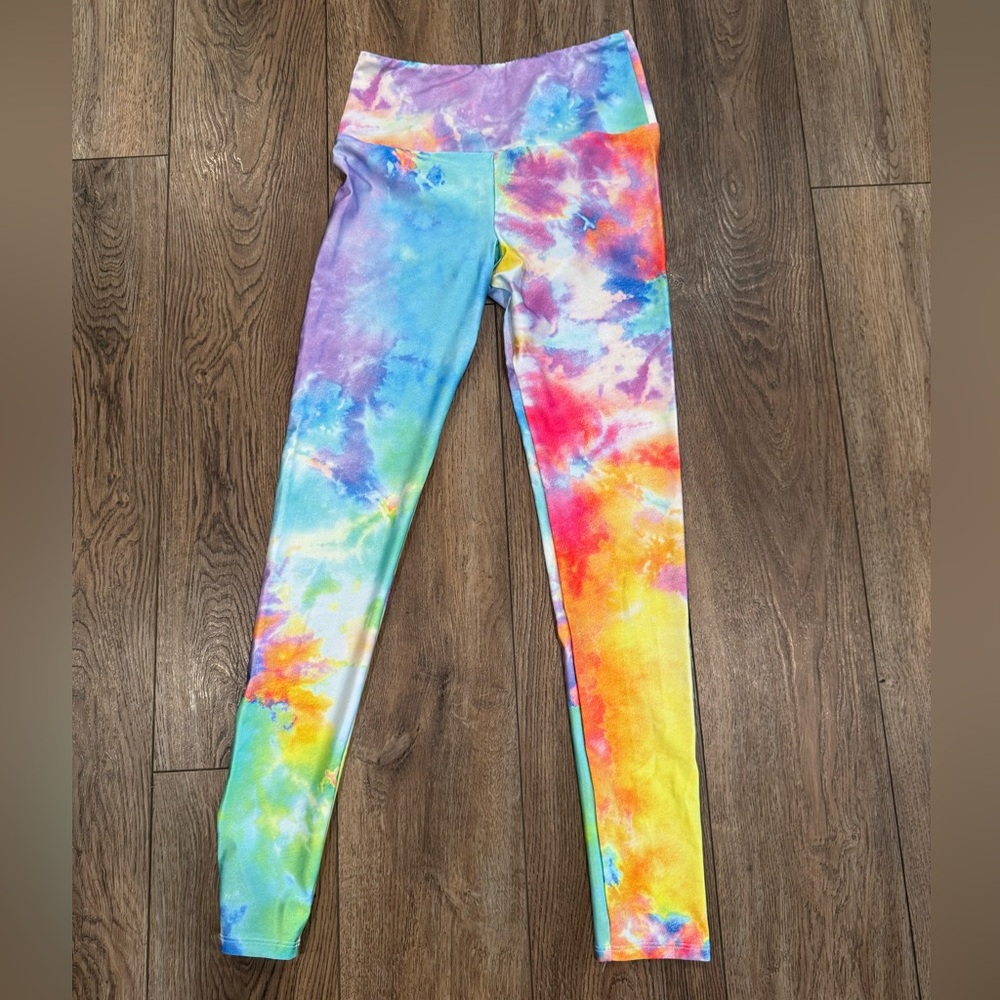 Goldsheep Leggings Multicolor Neon Tie Dye High Waist 4-Way Stretch Size M